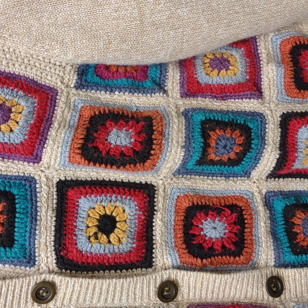 Alfred Dunner Vintage Crochet Granny Square Beige Ramie Cotton Knit Cardigan PXL - Picture 10 of 16